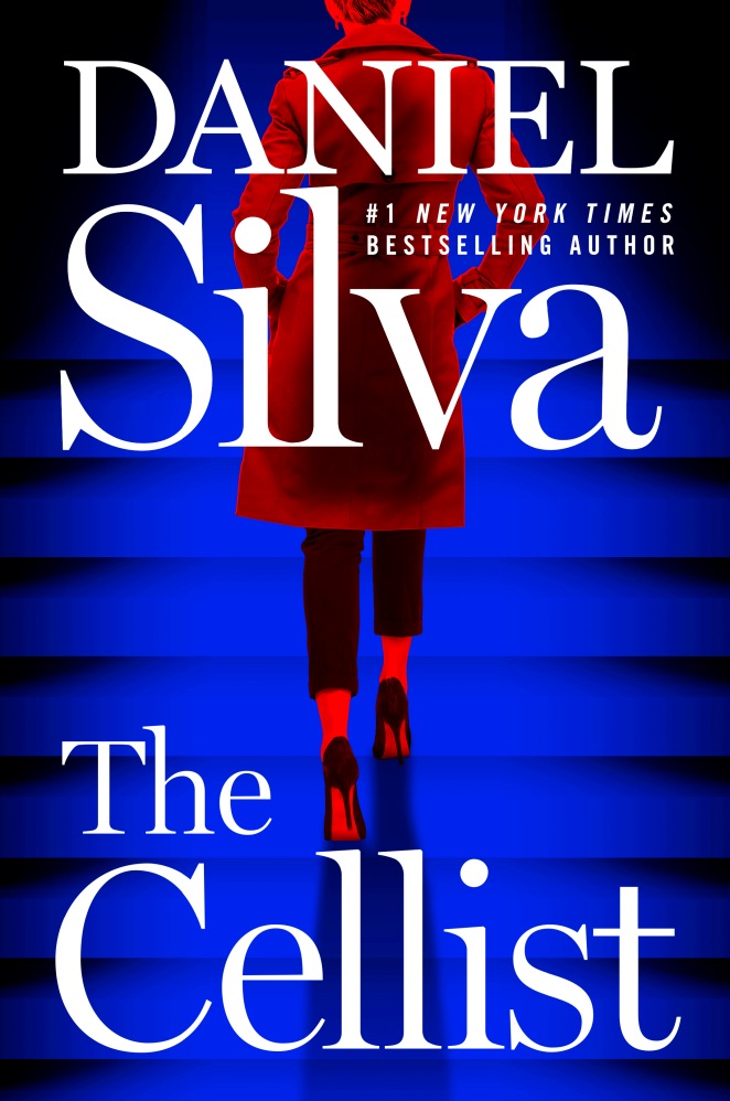 Book cover for The Cellist: A woman wearing a bright red coat and high black heels walks with her back to the reader. The cover is a bright blue that fades to black along the edges.