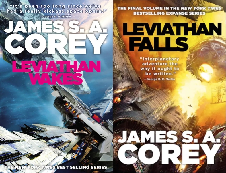 The covers of the first and last books in the Expanse series by James S.A. Corey, Leviathan Wakes and Leviathan Falls. Both covers feature space ships: the first in blues and greys and the last in fiery yellows.