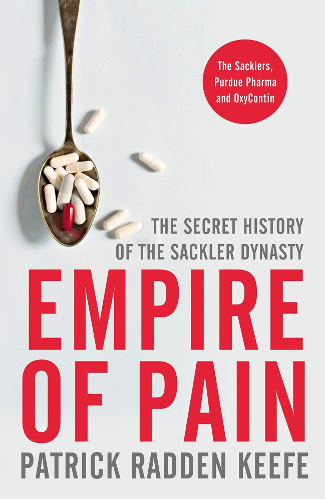 A spoon overflowing with pills, one of them red, sits above the title where "Empire of Pain" appears in bold red lettering.