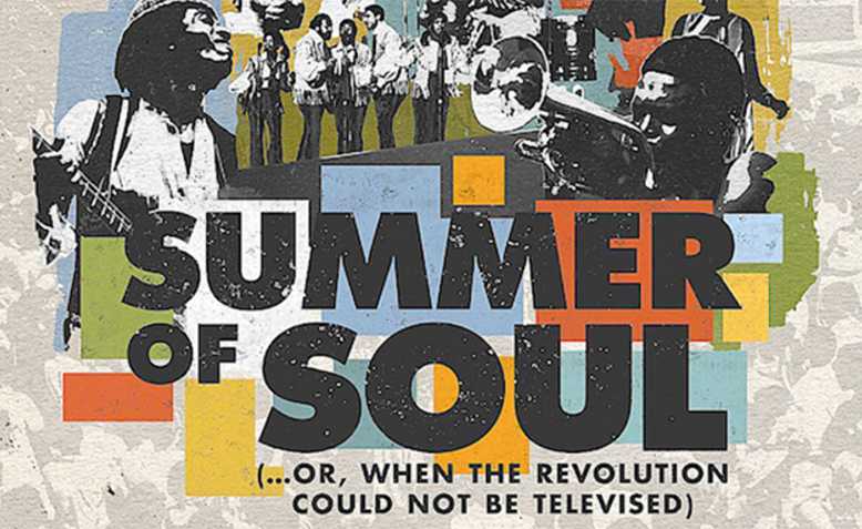 Collage of black and white photos of musicians and color blocks in red, green, blue, and yellow with "Summer of Soul" overlaid.
