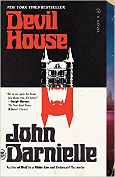 The cover of the book shows an old house with two turrets silhouetted in black and white against a black background. Beneath it, against a white background, is a red outlined reflection of the house's shape, illustrated to resemble a vampire bat. The red and black lettering is in a Gothic style and gives the cover a retro, pulpy feel.