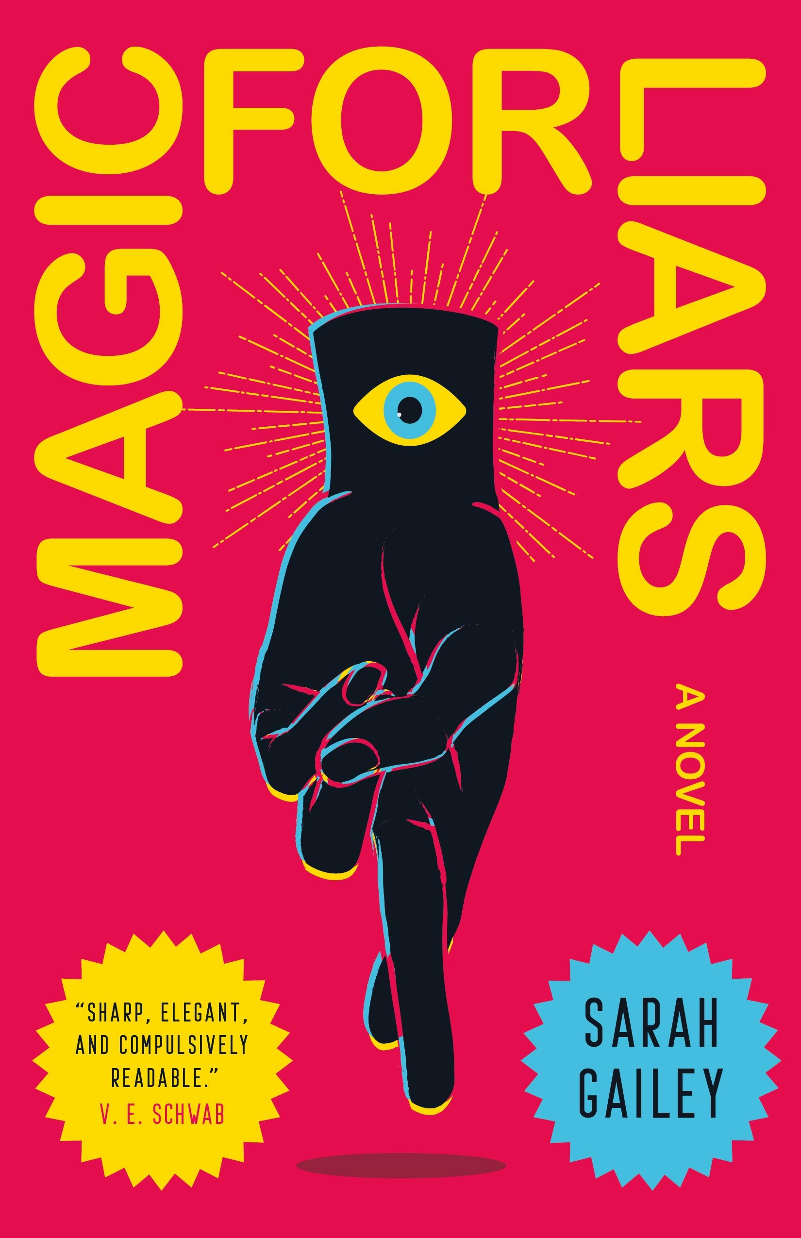 A bright pink cover shows a black hand upside down with its fingers crossed and a mystical eye on the wrist. the title of the book frames it in large yellow layers.