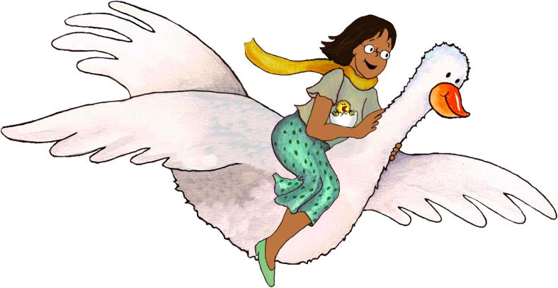 The illustration depicts Mother Goose in a beige shirt and green spotted pants, with a yellow scarf and green shoes, riding on the back of a flying white goose while holding a yellow chick, hatched and sitting in a half-shell. in the crook of her arm.