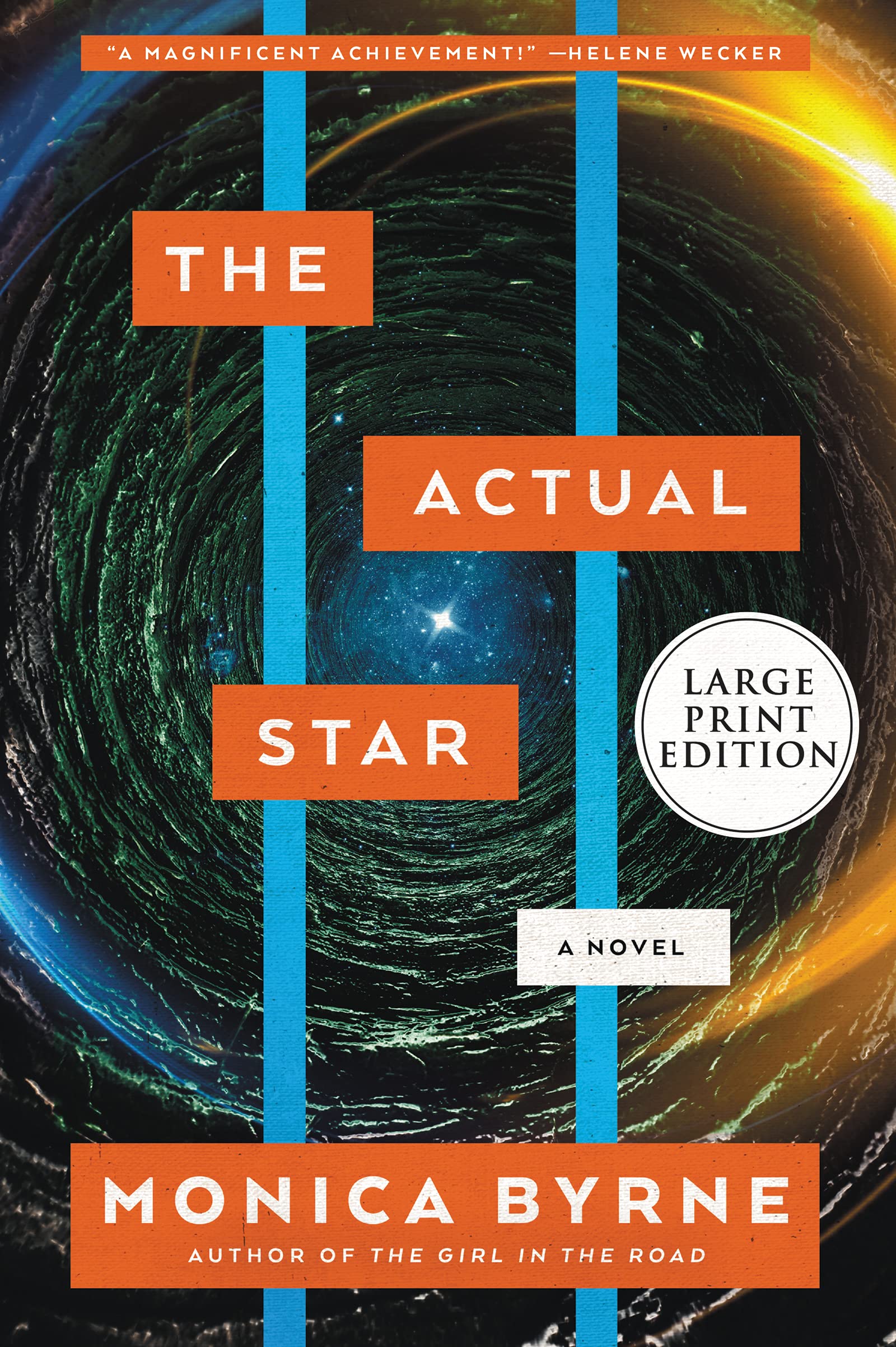 A black and gold swirl centers on a pinpoint of a star. Two blue bands stripe the book vertically, while the text appears in orange horizontal bars.