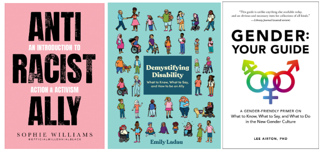 Three race and gender titles found in the Equity Resource Collection: Anti-Racist Ally, Demystifying Disability, and Gender: Your Guide