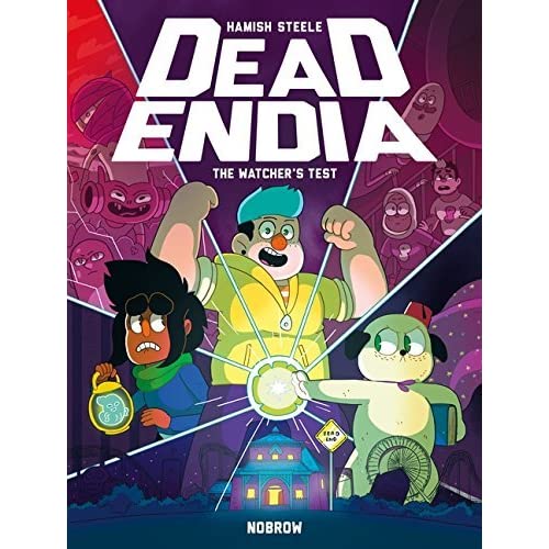 The main characters of DeadEndia: The Watcher's Tesst appear against a segmented background of devilish figures.