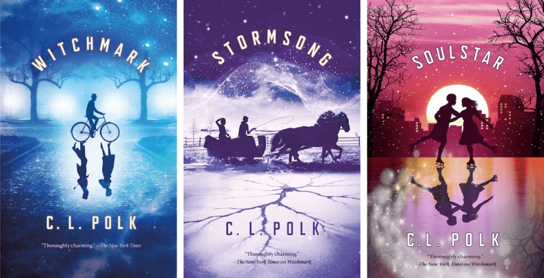 Covers of the three books in the series: Witchmark in blue, Stormsong in deep purple, and Soulstar in reds and pink. Each features figures in black silhouette against colorful backgrounds.