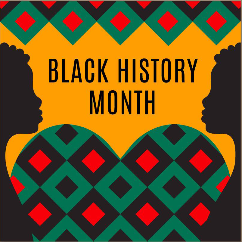 The illustration reads Black History Month, with two silhouetted figures to either side and a diamond patter in green, red, and black above and below. The lower pattern