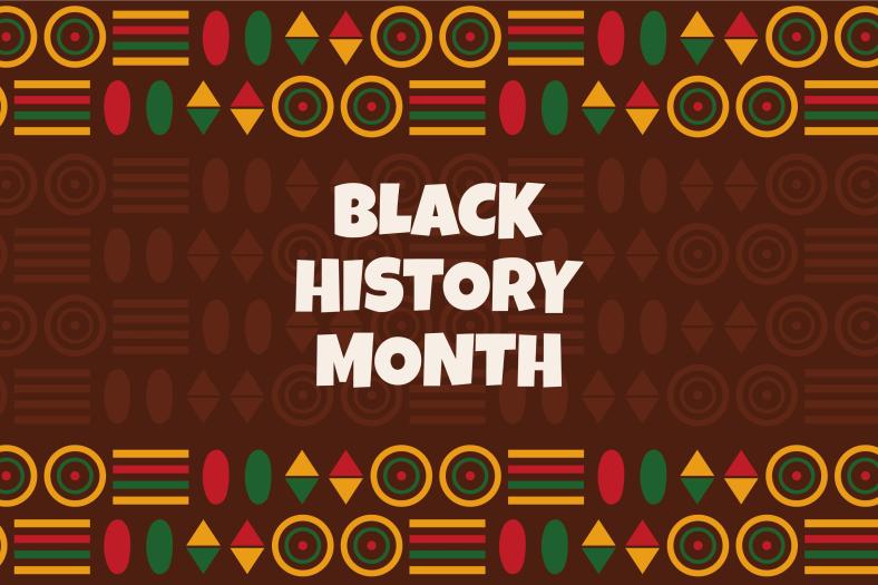 The banner says "Black History Month in white against a brown background, with repeating patterns of lines, ovals, circles, and triangles bordering it above and below in a traditional African color palette of red, green, and gold.