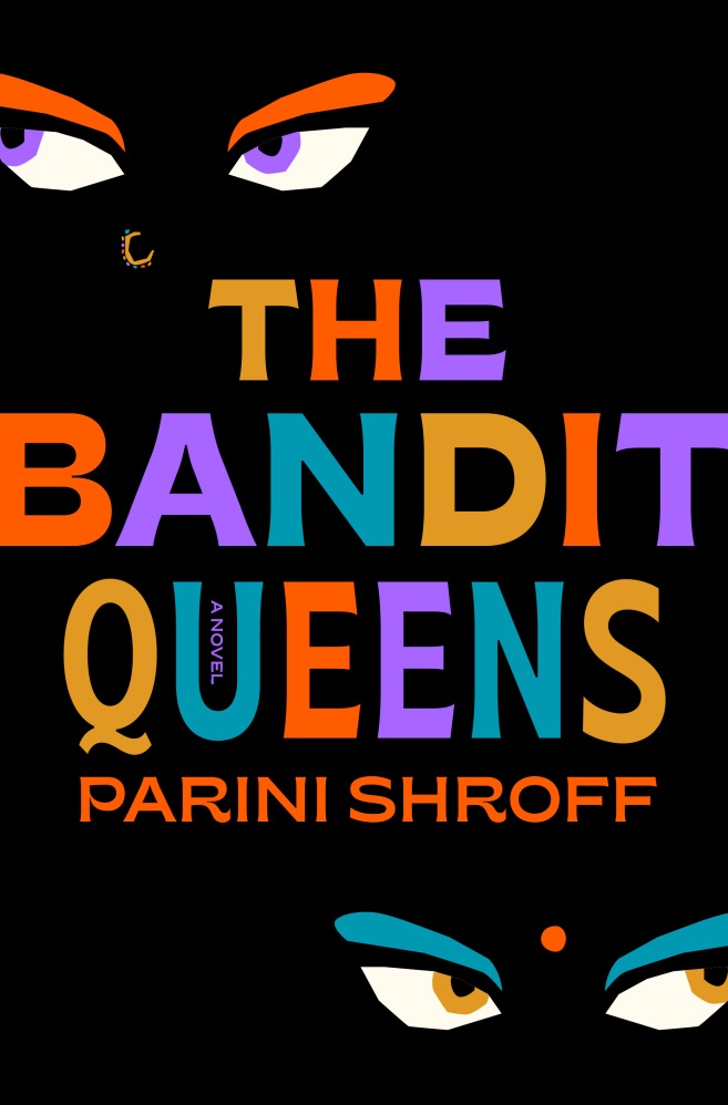 A black cover with multi-colored type in yellow, orange, purple, and teal. Illustrated women's eyes look to left and right, one sporting a nose ring and the other a bindi.