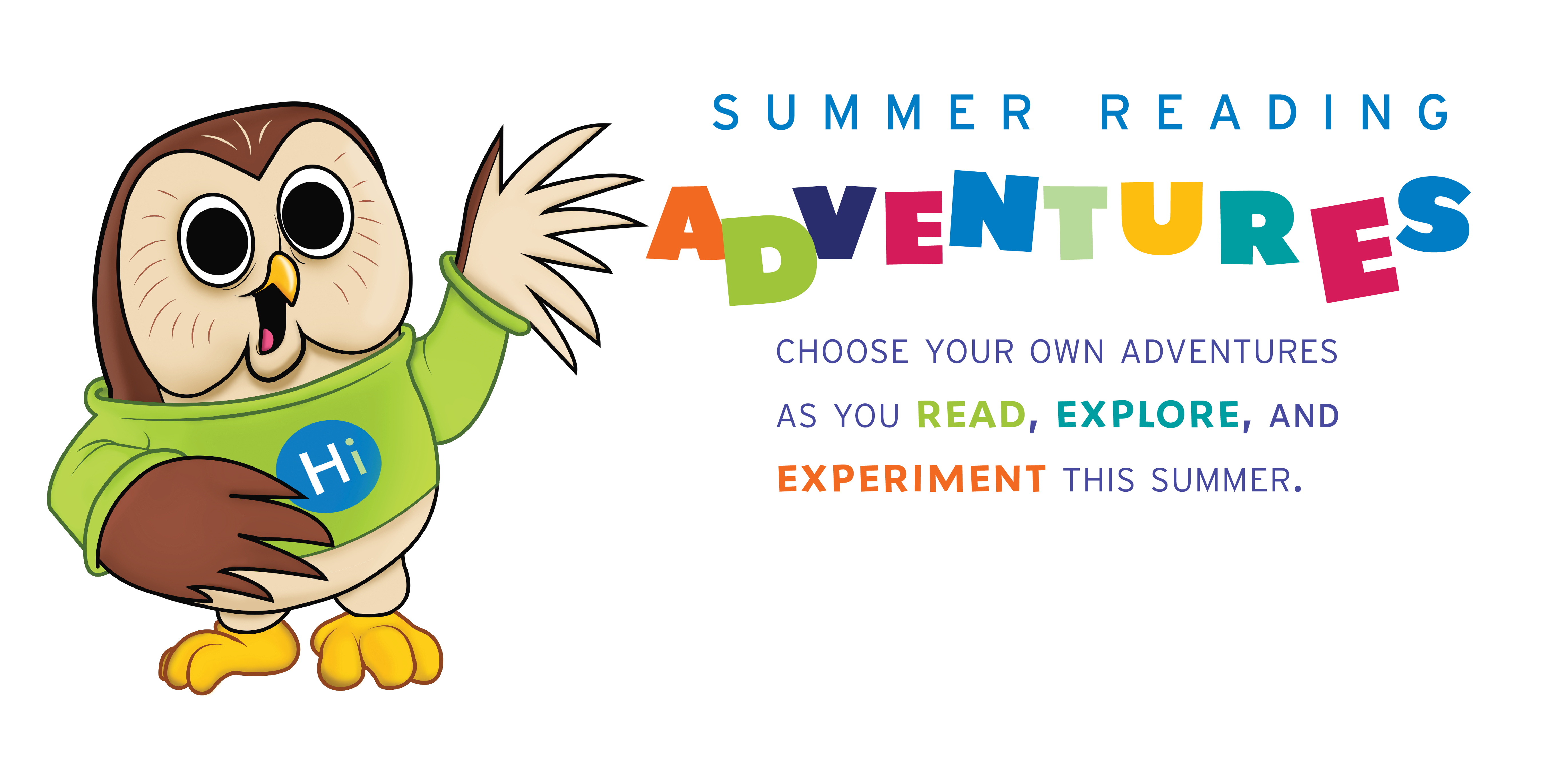 Booker, owl mascot in green sweater, with blocky colorful letters: Summer Reading Adventures