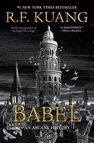 The book cover shows a tall round tower amid various domes and spires in a cityscape, against the dark background of a night sky; birds follow one another in a crooked line wrapped around the tower from bottom to top.